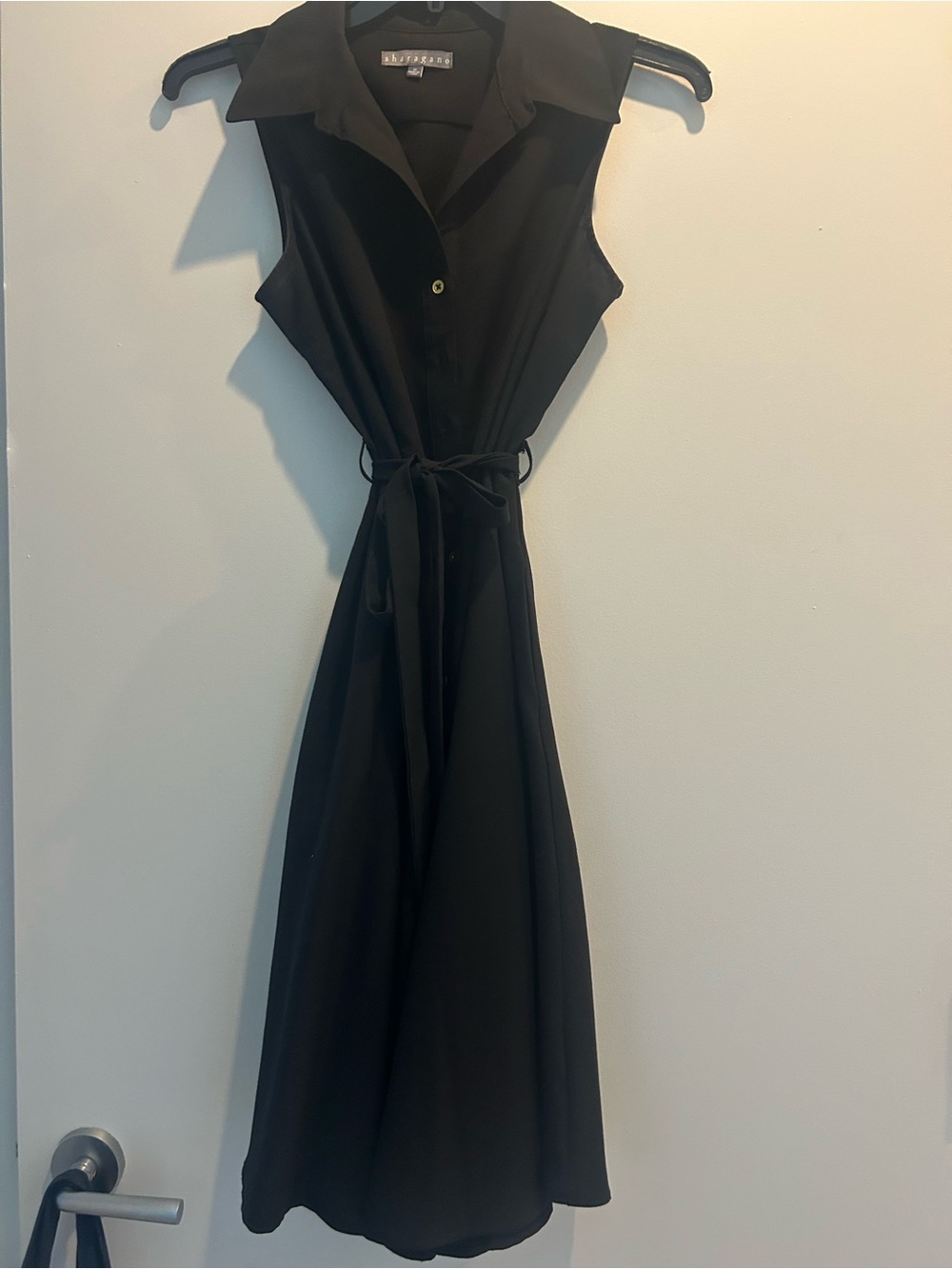 Sharagano Sleeveless Black Shirt Dress with Tie Waist